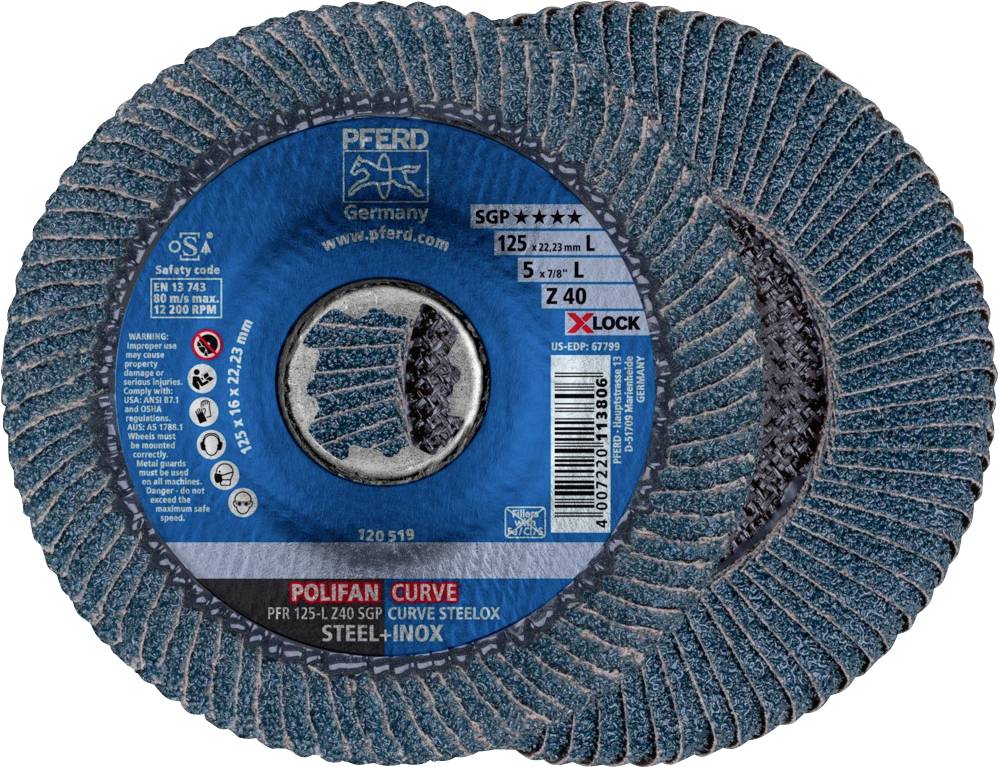 'Disque à meuler de Pferd, type Polifan Curve. Adapté pour l'acier et l'acier inoxydable. Diamètre 125 mm, grain 40, qualité SGP.'