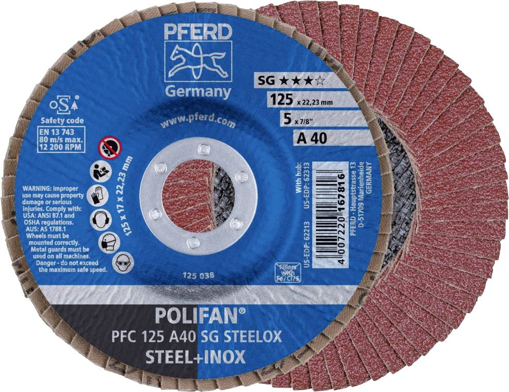 Disque abrasif POLIFAN PFC 125 A40 SG STEELOX de PFERD pour acier et acier inoxydable, Ø 125 mm, 80 m/s, 12.200 tr/min, EN 13743.
