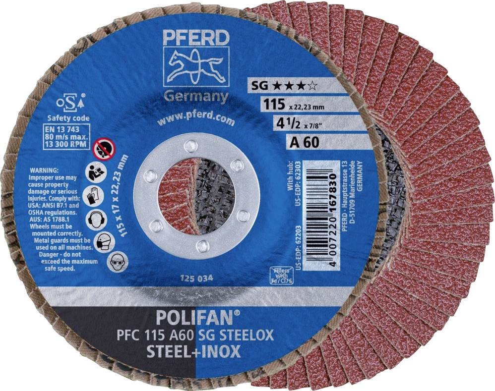 Disque à meuler de PFERD, modèle : 'POLIFAN PFC 115 A60 SG STEELOX', diamètre : 115 mm, pour acier inoxydable, vitesse maximale : 13 300 tr/min.