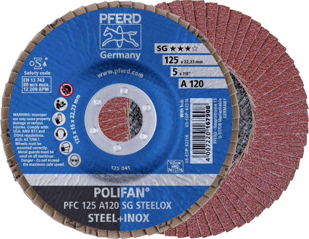 Une meule abrasive brun-rouge 'POLIFAN' de PFERD pour le meulage de l'acier et de l'inox. Diamètre : 125 mm. Vitesse de rotation maximale : 12.200 tr/min.