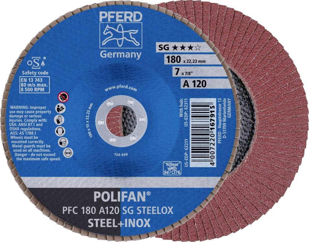 Disque à meuler de la marque PFERD, modèle POLIFAN, pour acier et acier inoxydable. Dimensions : 180 x 22,23 mm, vitesse max. 8 500 tr/min. Contient des avertissements de sécurité.