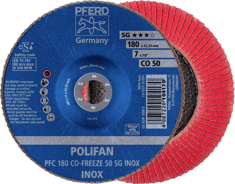 Disque à meuler 'PFERD Polifan' en matériau rouge-bleu, spécifié comme PFC 180 CO-FREEZE 50 SG INOX, adapté aux travaux de meulage sur métaux.