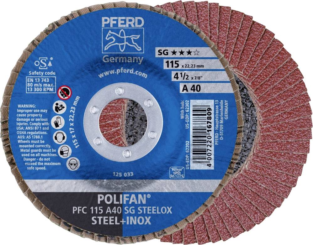 Disque à poncer 'Pferd Polifan' avec caractéristiques : diamètre de 115 mm, grain A40, vitesse maximale de 13 300 tr/min. Adapté pour l'acier et l'acier inoxydable.