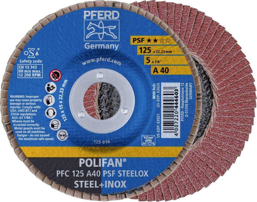Disque à meuler de la marque 'Pferd', type 'Polifan' pour acier et inox. Diamètre 125 mm, grain A40, vitesse maximale 12 200 tr/min.