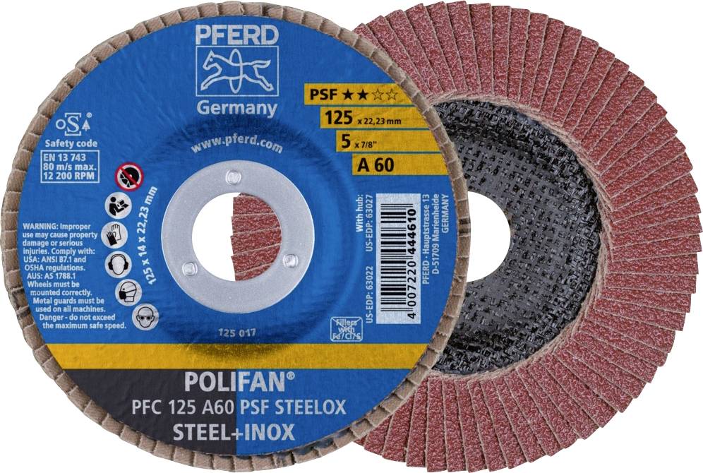 Disque à poncer de PFERD, modèle POLIFAN. Marqué 'STEEL + INOX', diamètre de 125 mm. Contient des informations de sécurité et des normes.