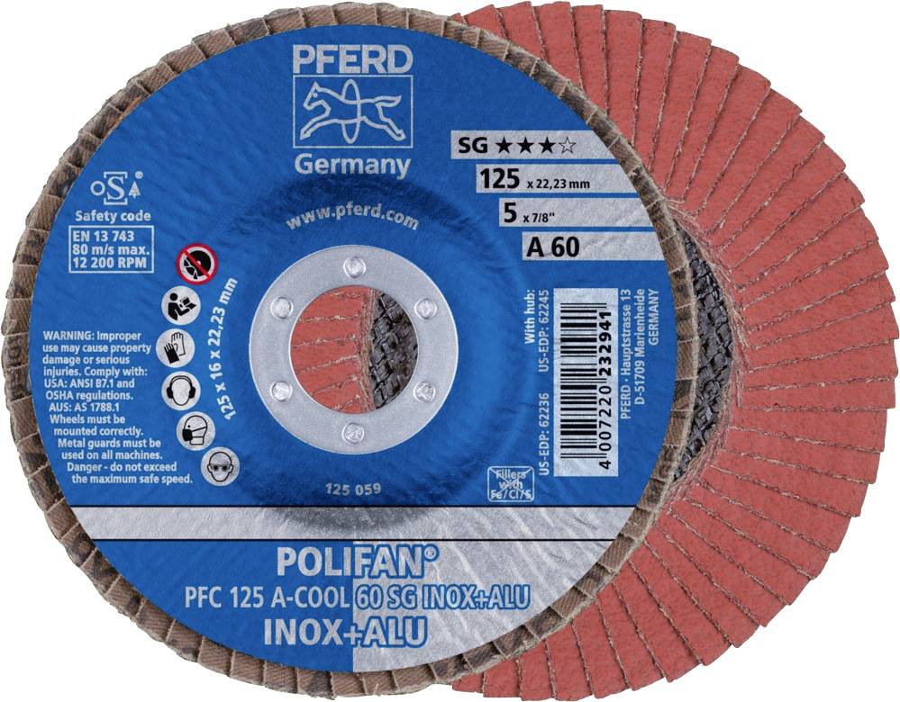 'Disque à tronçonner PFERD POLIFAN, diamètre 125 mm, adapté pour l'acier et l'aluminium, type A60.'