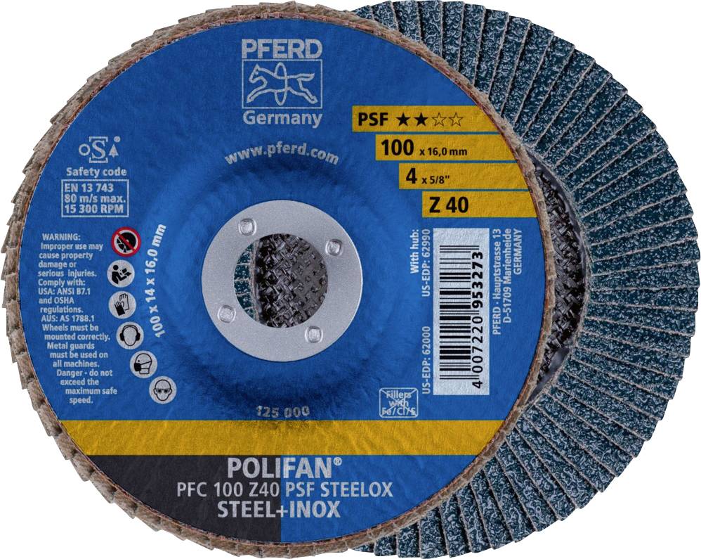 'Deux meules POLIFAN PSF Z 40, adaptées pour l'acier et l'inox, diamètre 100 mm et grain 40.'