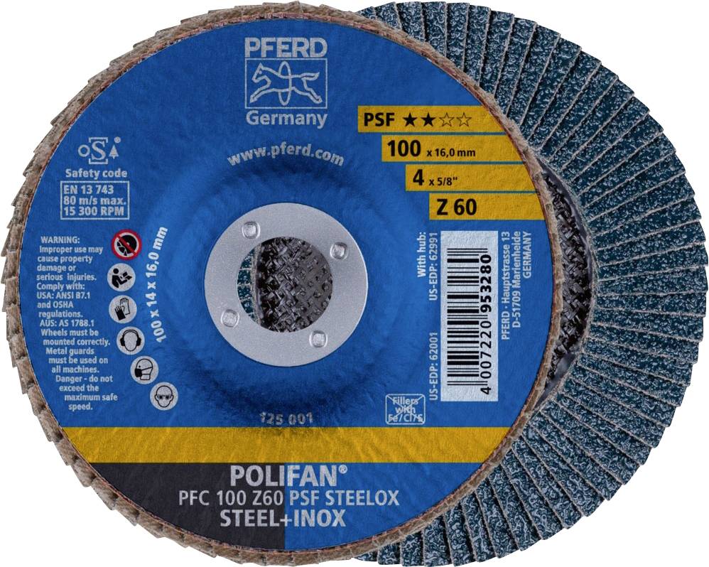 Disque à meuler portant l'inscription 'POLIFAN PFC 100 Z60 PSF STEELOX'. Surface ronde de couleur bleue avec des informations techniques.