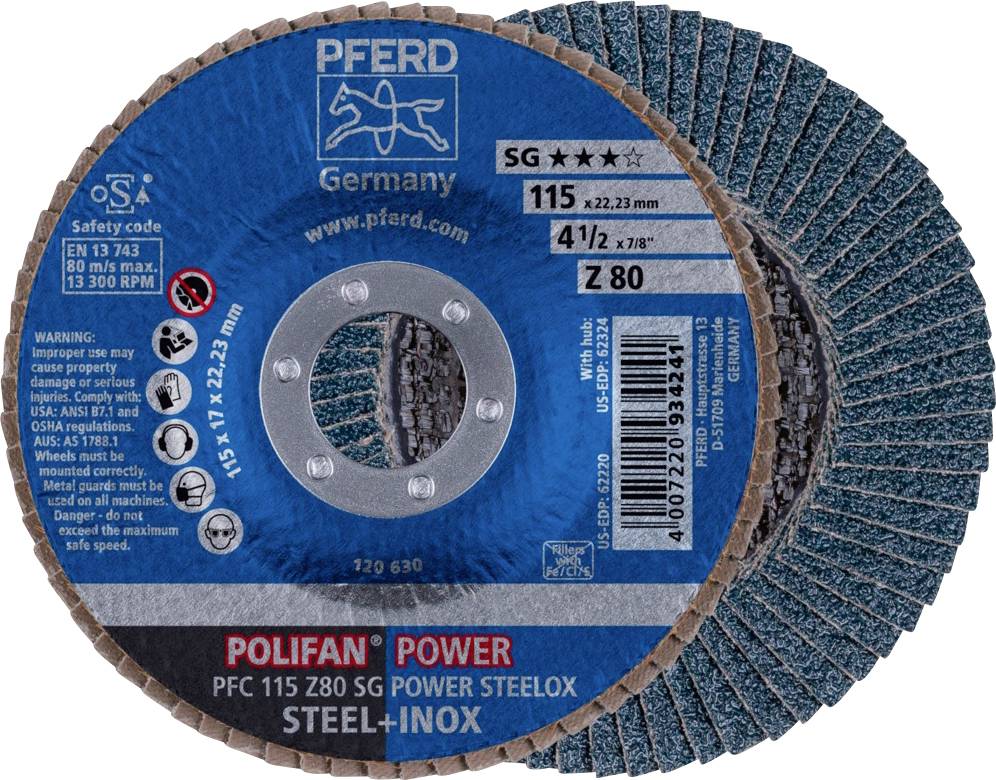 Deux disques abrasifs bleus de 'PFERD' pour acier et inox. Caractéristiques : diamètre 115 x 22,23 mm, grain Z 80, vitesse maximale 13 300 tr/min.