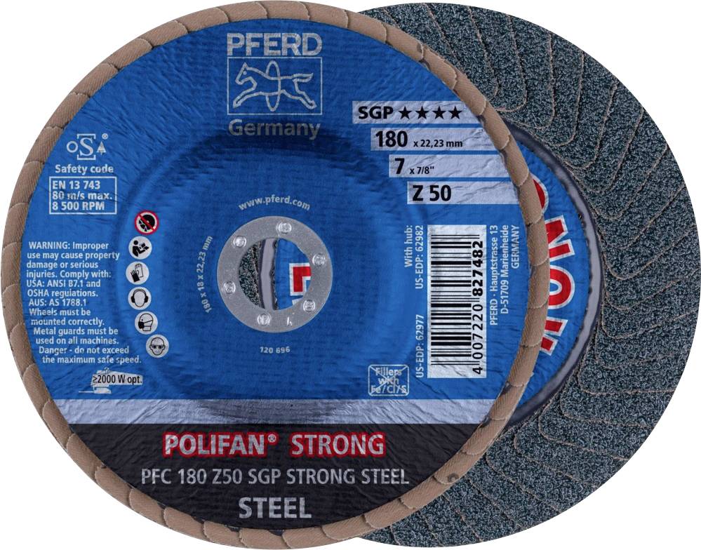 Disque à meuler 'PFERD Germany' Polifan Strong, diamètre 180 mm, épaisseur 7,6 mm, adapté pour l'usinage de l'acier, vitesse maximale 8 500 tr/min.