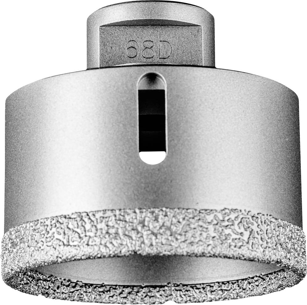 Embout de scie-cloche métallique avec tranchant rugueux et numéro '68D' gravé sur la face supérieure, adapté pour perceuses.