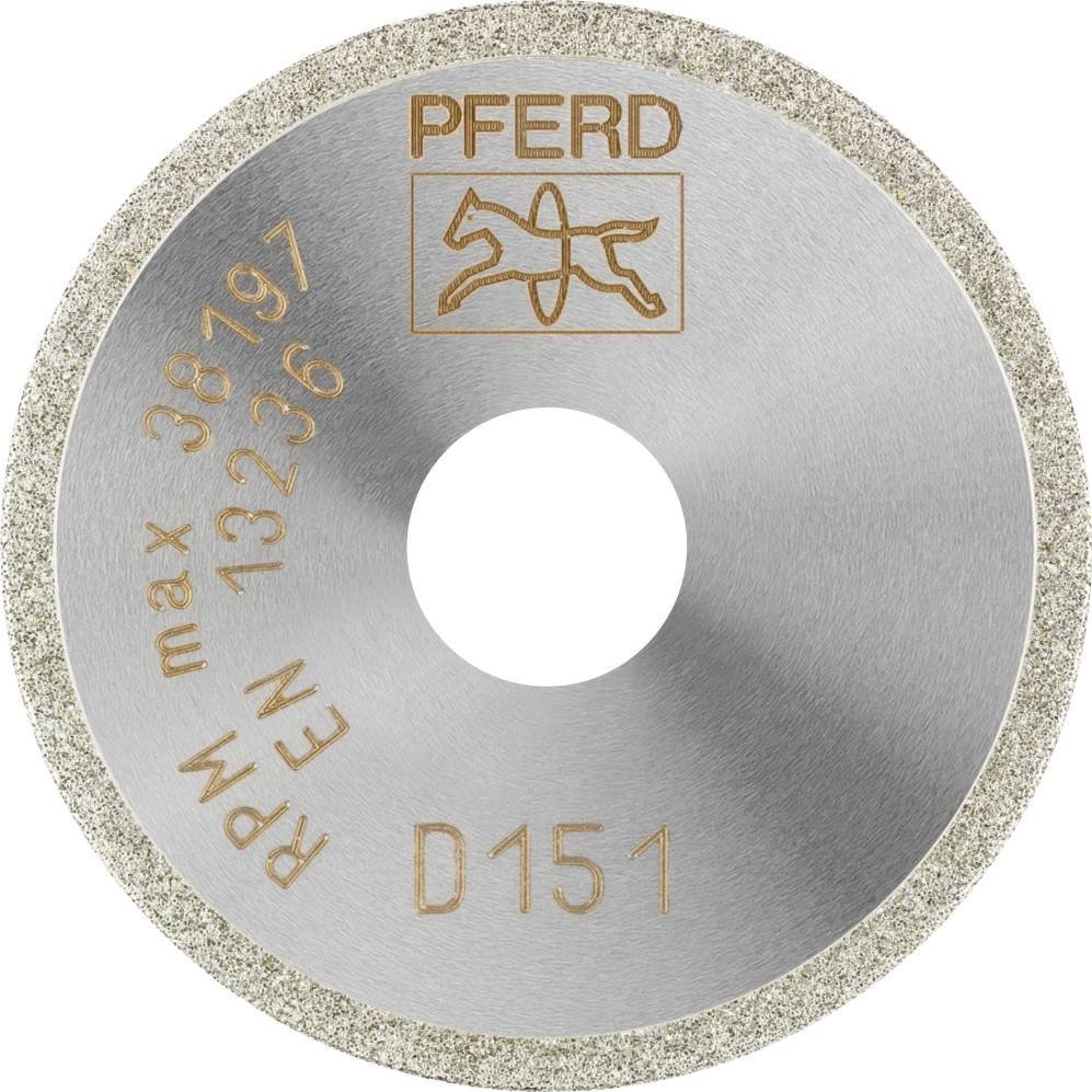 Lame de scie circulaire diamantée avec inscriptions : 'Cheval', 'RPM max 38197', 'EN 13236', 'D151'. Centre argenté avec détails dorés.