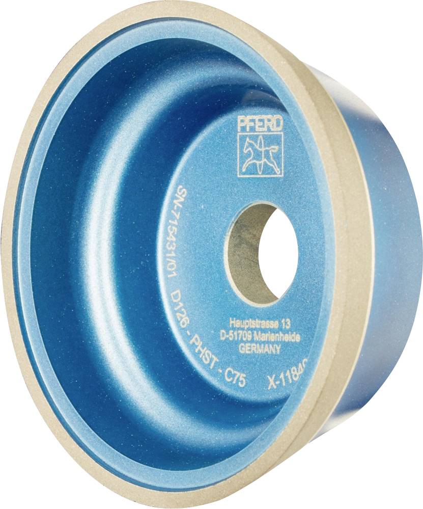 Meule bleue de forme cylindrique portant l'inscription 'Pferd' et des détails techniques, avec un alésage central, utilisée pour le meulage.