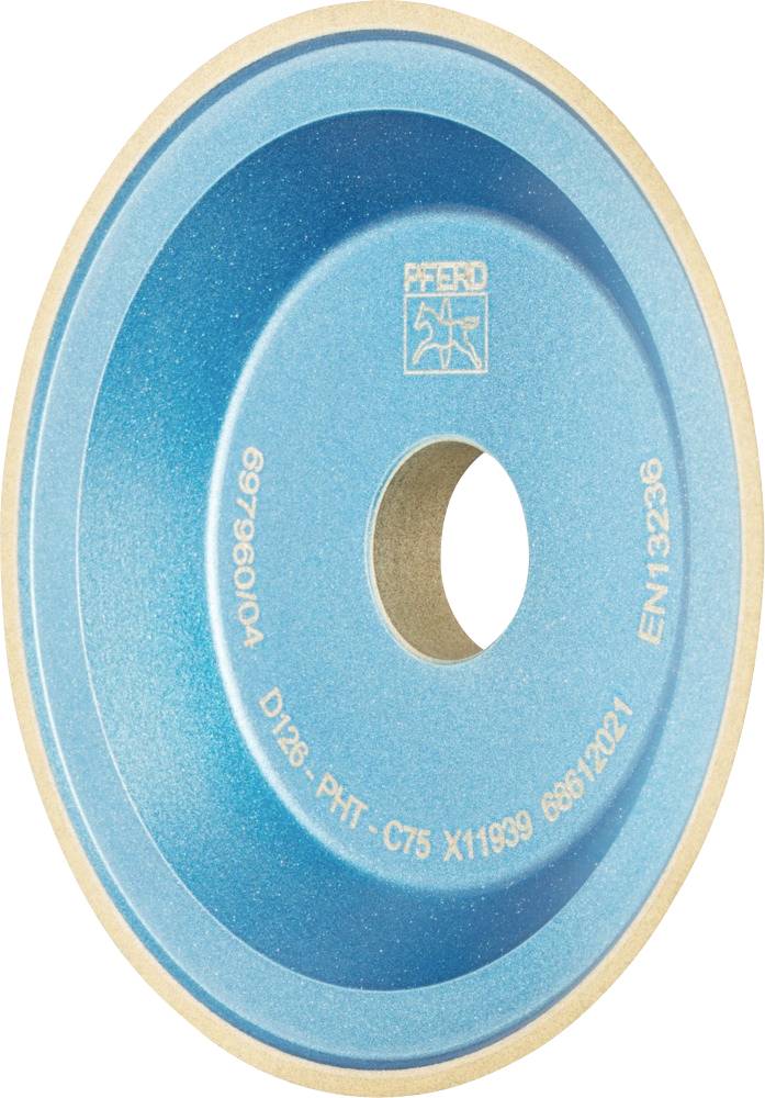 Disque à meuler avec revêtement bleu et ouverture centrale, texte : 697960 4, D126, PFT-C75, X11939, 86812021, EN 13236.