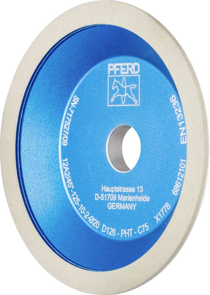 Un disque abrasif bleu avec une bordure blanche, imprimé avec les informations du fabricant et les spécifications techniques.