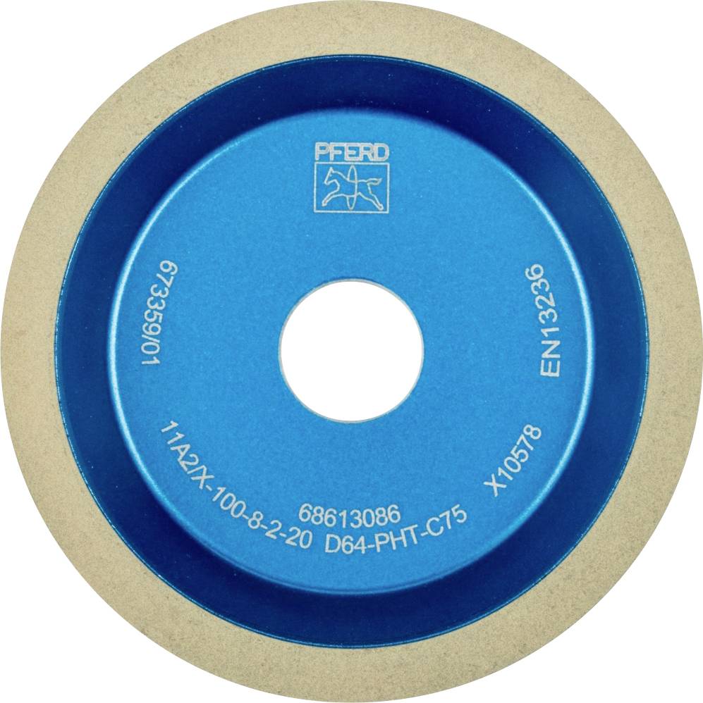 Disque abrasif avec un centre bleu, entouré d'une surface grise. L'inscription indique le nom du fabricant et les spécifications de l'outil.