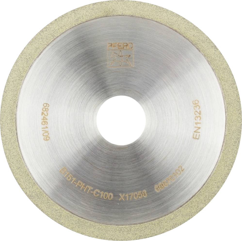 Un disque de meulage rond en métal avec un revêtement diamanté doré sur le bord. Des numéros et des lettres sont gravés sur la surface.