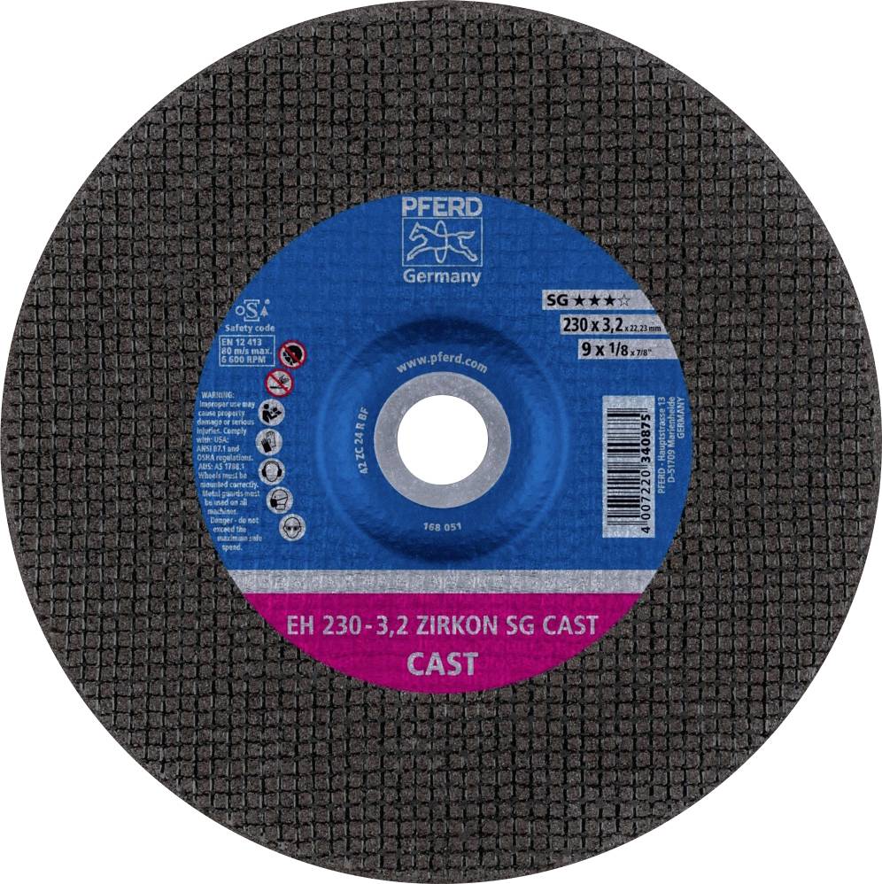 Disque abrasif de PFERD avec un centre bleu et l'inscription rouge 'ZIRKON SG CAST'. Les détails de dimensions et les marquages de sécurité sont visibles.