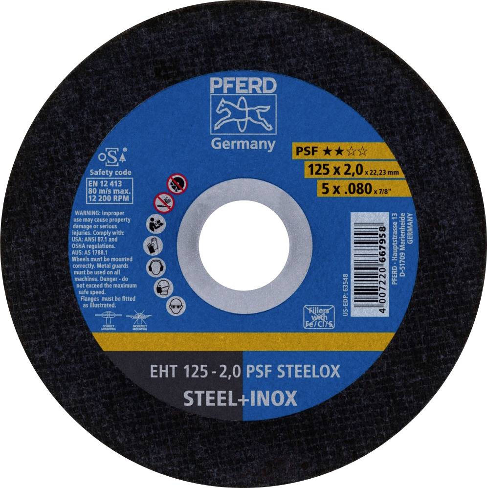 Disque à tronçonner de Pferd pour acier inoxydable, 125 x 2,0 mm, PSF Steelox, max. 12 200 tr/min ; avec informations de sécurité et de certification.