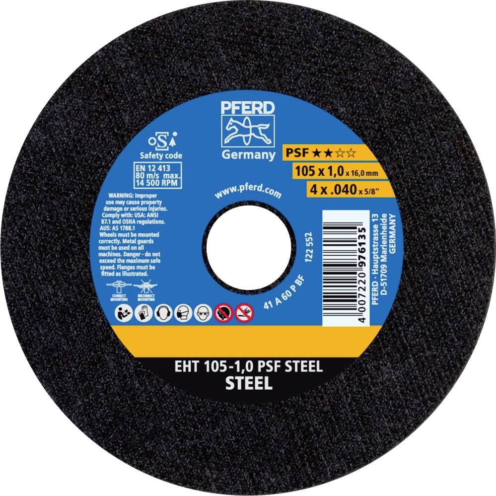 Disque à tronçonner de 'PFERD', modèle PSF pour acier, dimensions : 105x1,0 mm, 15 300 tr/min. Testé : EN 12413. Fabriqué en Allemagne.