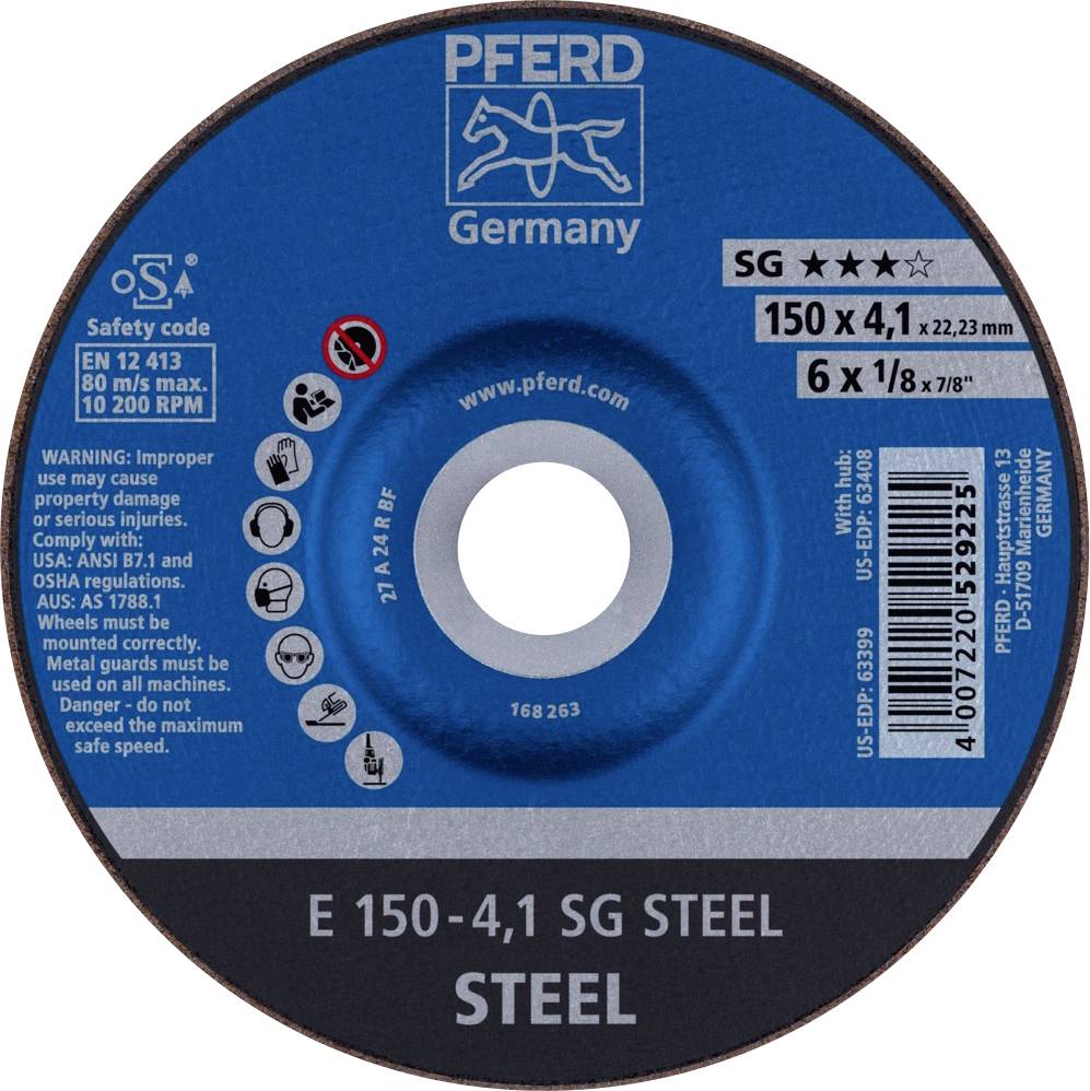 Disque à tronçonner de la marque 'PFERD Germany', 150x4,1 mm, adapté pour l'acier, avec code de sécurité et avertissements pour une utilisation appropriée.
