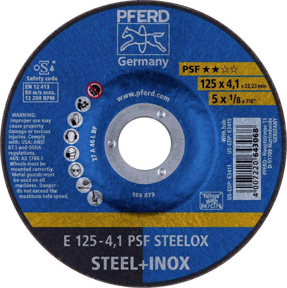 'Pferd Germany' Disque à tronçonner, type PSF, 125 x 4,1 mm, pour acier et inox. Avertissements de sécurité et d'utilisation en anglais et symboles.