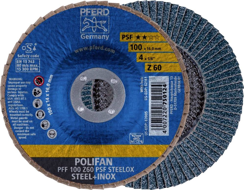 Deux meules Pferd, modèle Polifan PFF 100 Z60 PSF, pour acier et acier inoxydable. Le marquage contient des consignes de sécurité.