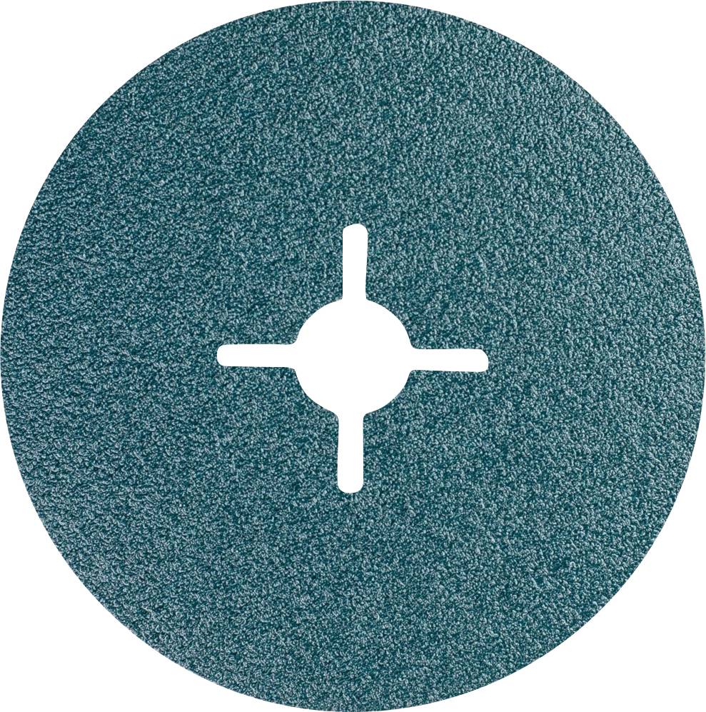 Disque abrasif de forme ovale avec une fente cruciforme centrale, surface granuleuse vert foncé. Adapté pour le traitement des métaux.