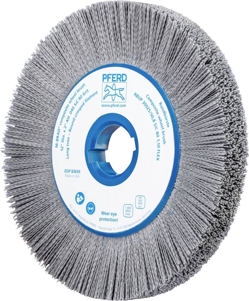 Brosse métallique avec noyau en plastique bleu et poils gris, adaptée pour l'usinage des métaux. Avertissement : porter une protection oculaire.