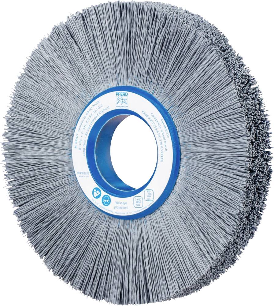 Un disque de meulage circulaire avec des poils longs et denses, et un anneau bleu au centre, adapté pour le traitement de surface industriel.