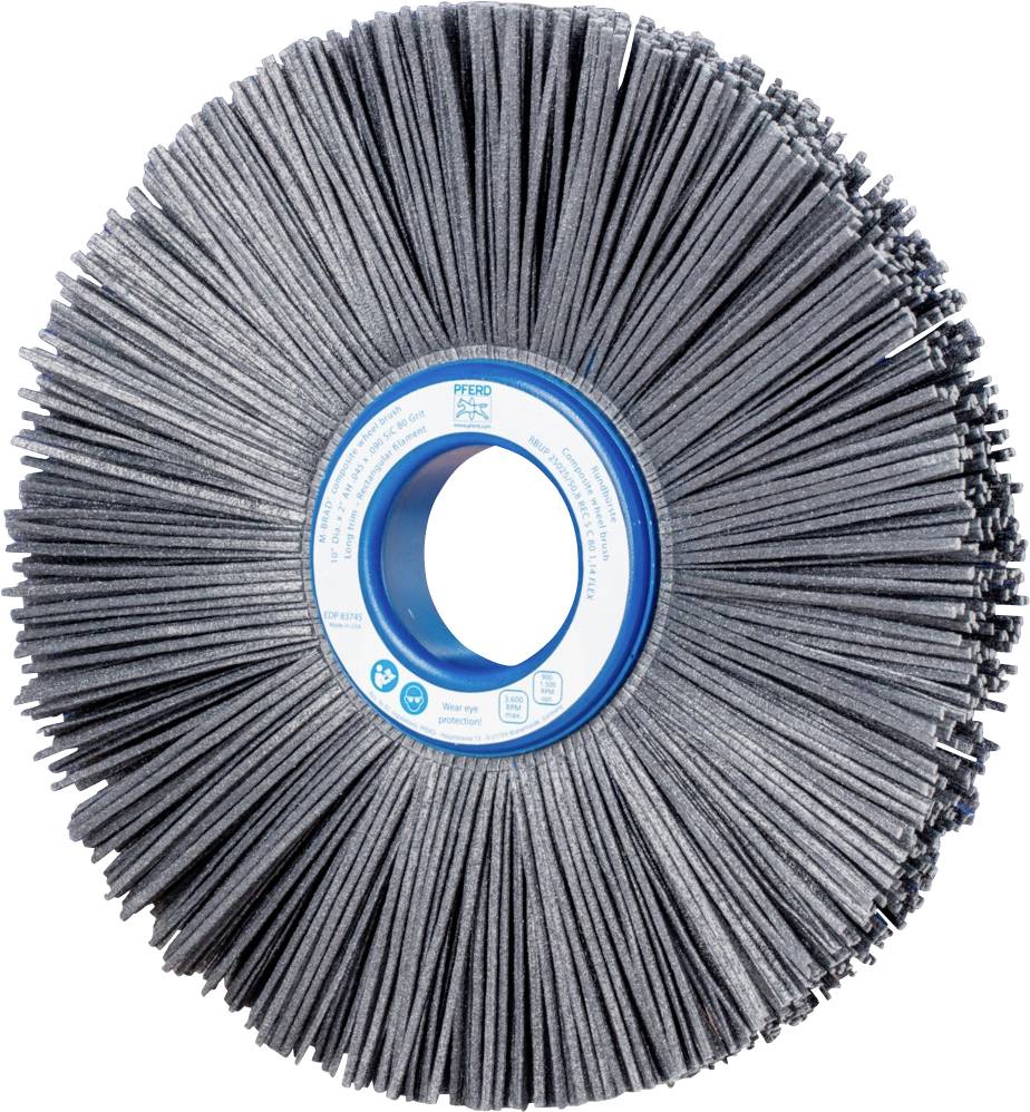 Une brosse abrasive ronde avec des poils bleus, utilisée pour le traitement de surface.