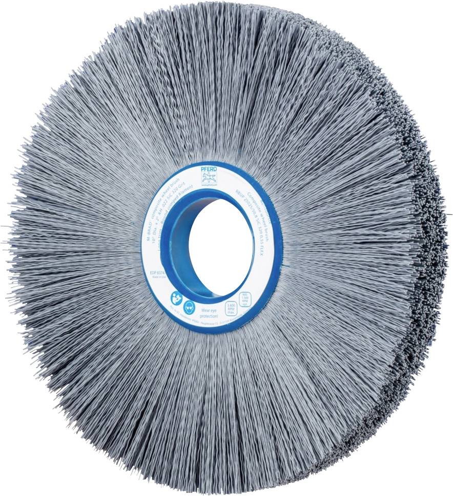 Grande brosse à poncer ronde avec des poils bleus et gris, utilisée pour nettoyer et ébavurer les surfaces dans des applications industrielles.
