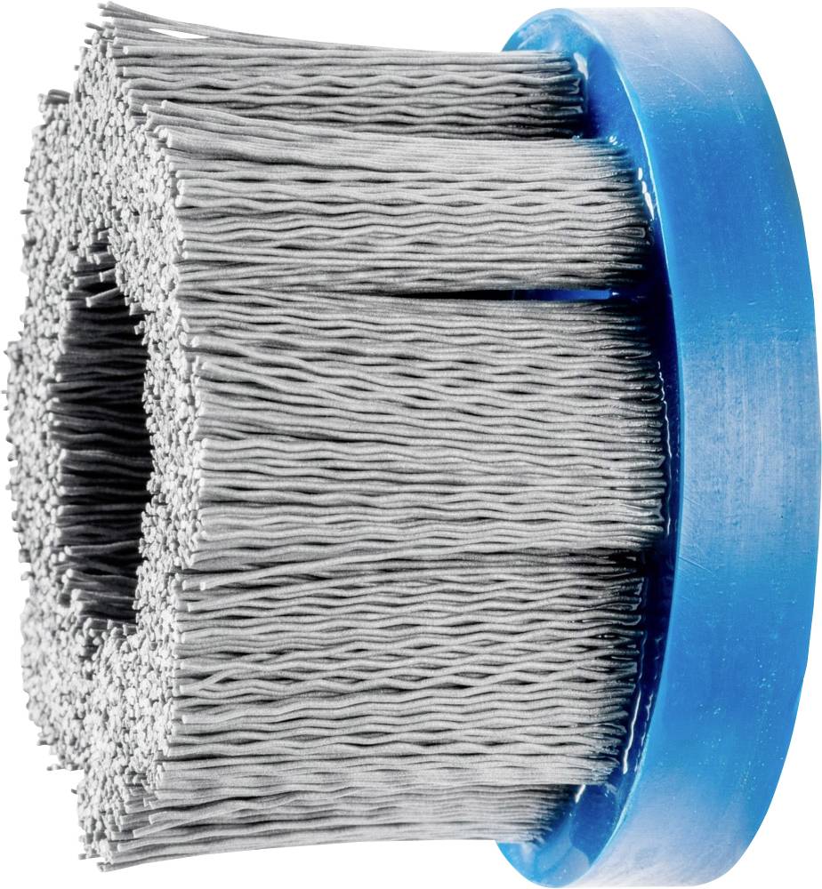 Brosse métallique circulaire avec poignée en plastique bleu, poils recourbés vers l'extérieur, adaptée au nettoyage des surfaces métalliques.
