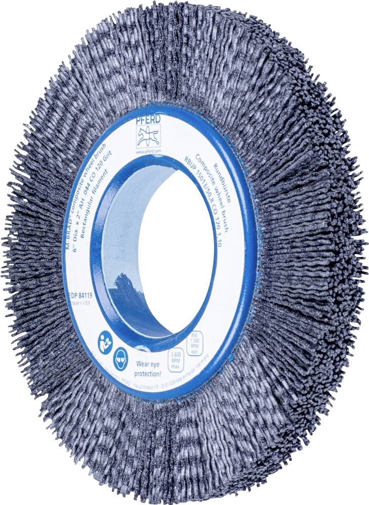 Outil de meulage à poils avec un noyau en plastique bleu, sans arrière-plan. Utilisé pour le traitement de surface.
