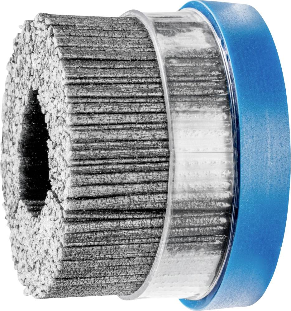 Brosse circulaire avec des poils bleus et gris, adaptée aux travaux de nettoyage ou de polissage dans des applications industrielles.