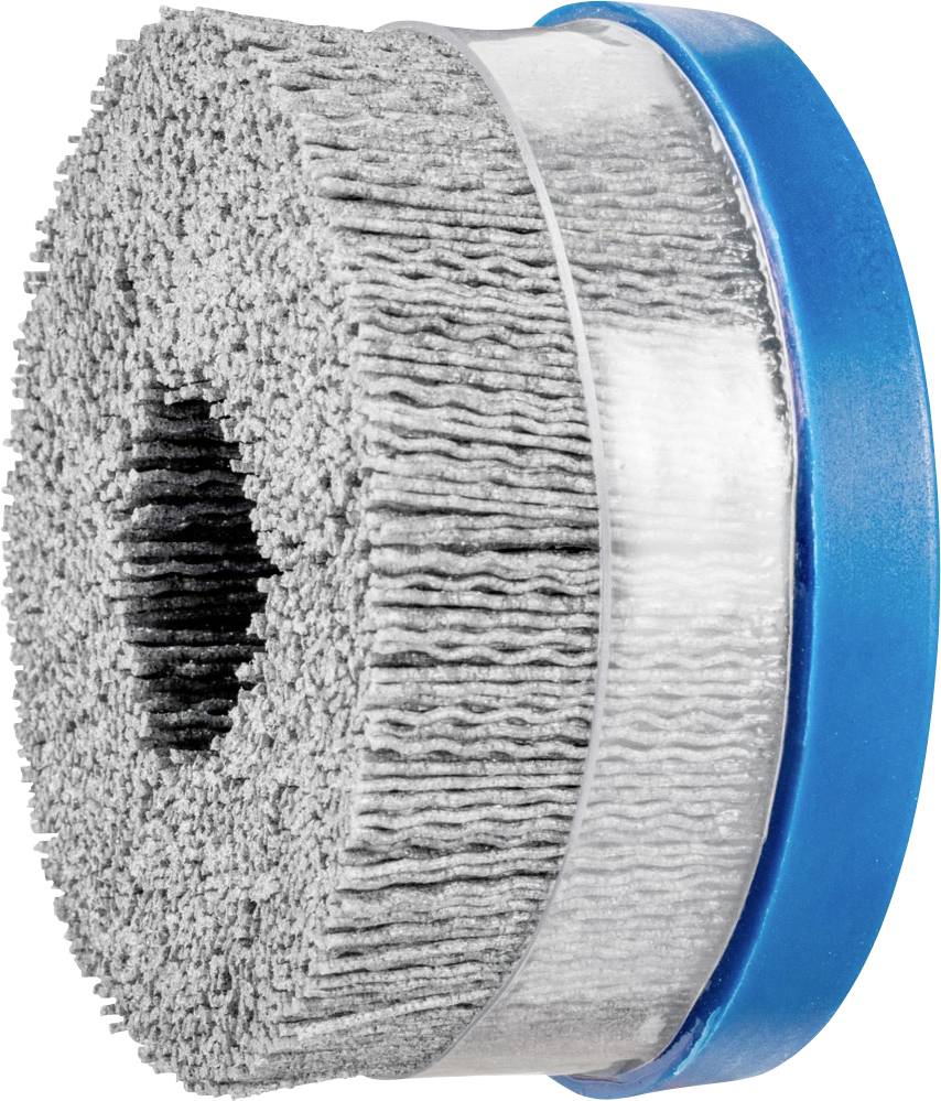 Tête de meule cylindrique grise avec base bleue, adaptée pour le traitement de surface.