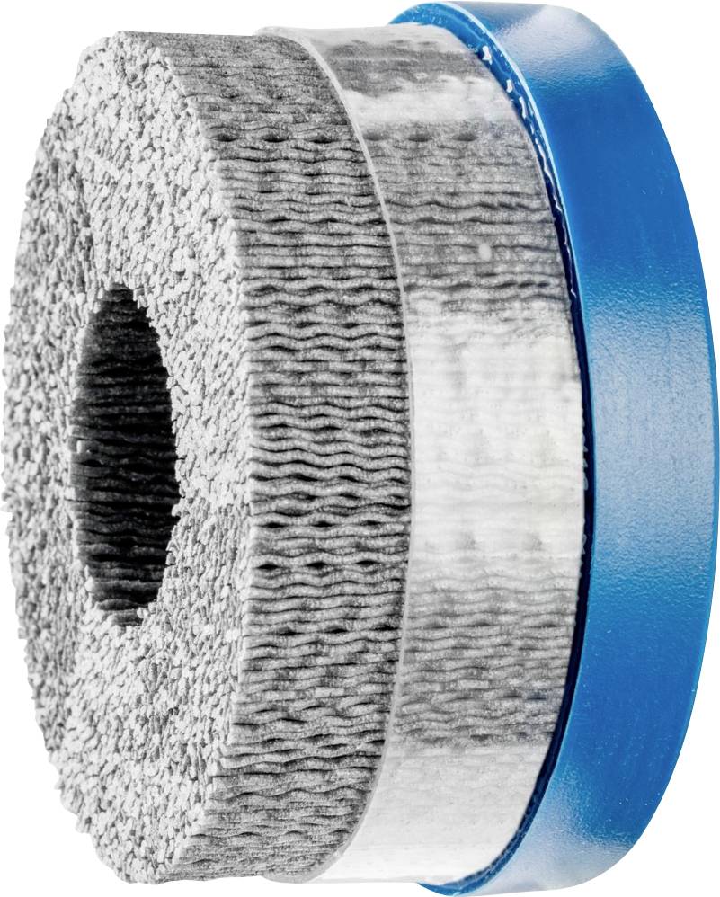 Un disque de coupe unique avec un bord en plastique bleu, photographié de côté, montre sa texture et son épaisseur.