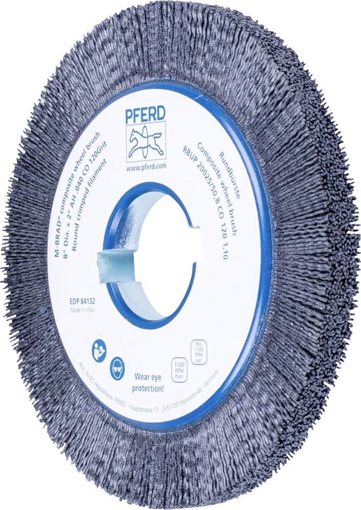 Brosse en nylon avec un noyau en plastique bleu et des poils gris, adaptée au nettoyage et au traitement de surface. Nom de marque sur l'étiquette.