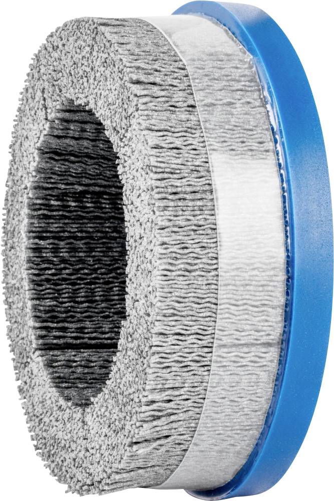 Brosse rotative avec bordure en plastique bleu et poils gris, utilisée pour le ponçage et le polissage de surfaces.
