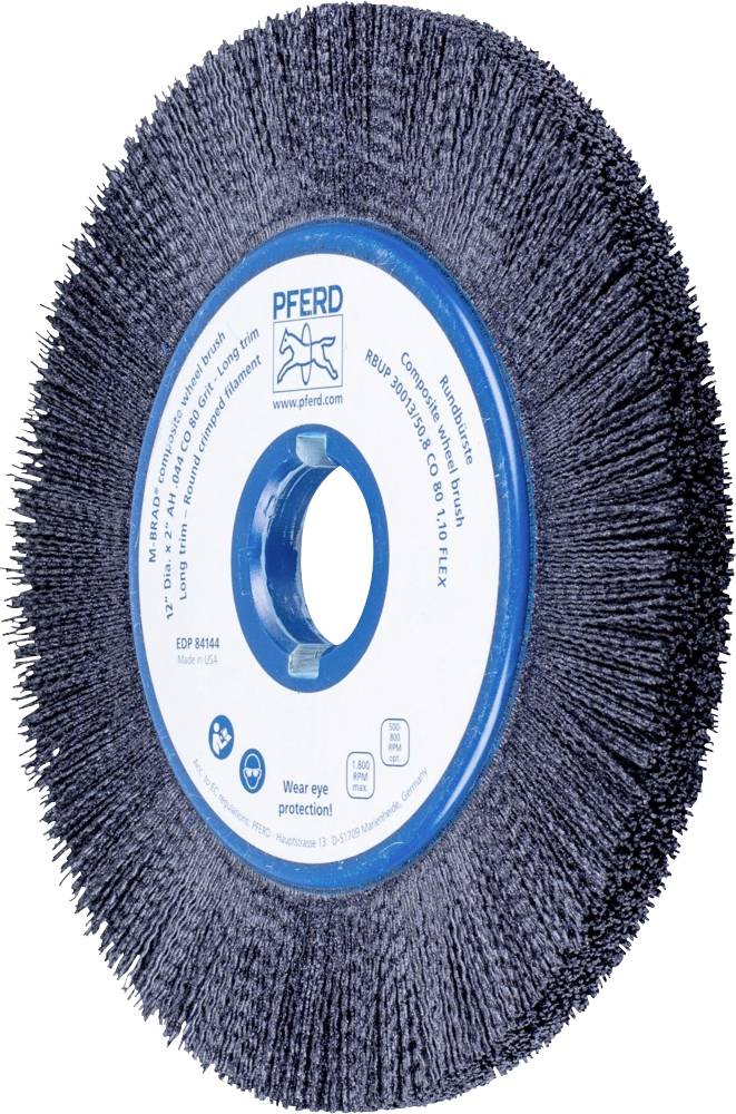 Brosse abrasive avec des poils bleus et un trou central, entourée d'une étiquette blanche portant le nom de la marque et les informations de sécurité.