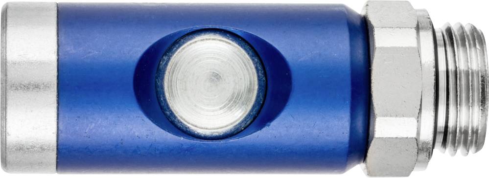 Cylindre métallique bleu avec des extrémités argentées et un détail central en relief rond montrant une connexion à vis.