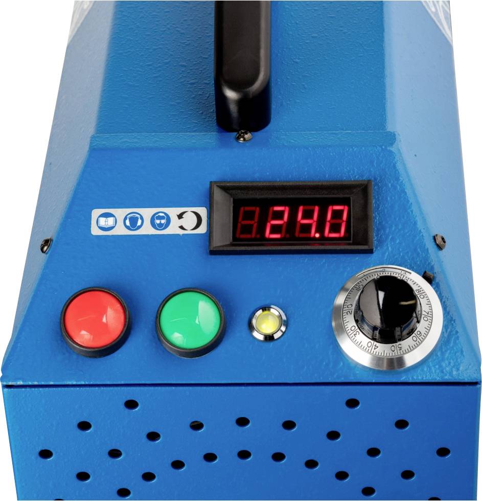Un appareil bleu avec un affichage numérique indique '24.8'. Trois boutons : rouge, vert, jaune. Un bouton rotatif à droite. Probablement une station de contrôle.