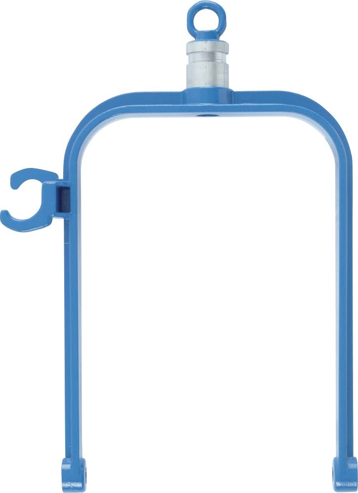 Crochet de levage bleu métallique servant à soulever et transporter des charges lourdes. Muni en partie supérieure d'un anneau pour la fixation d'un câble ou d'un autre crochet.