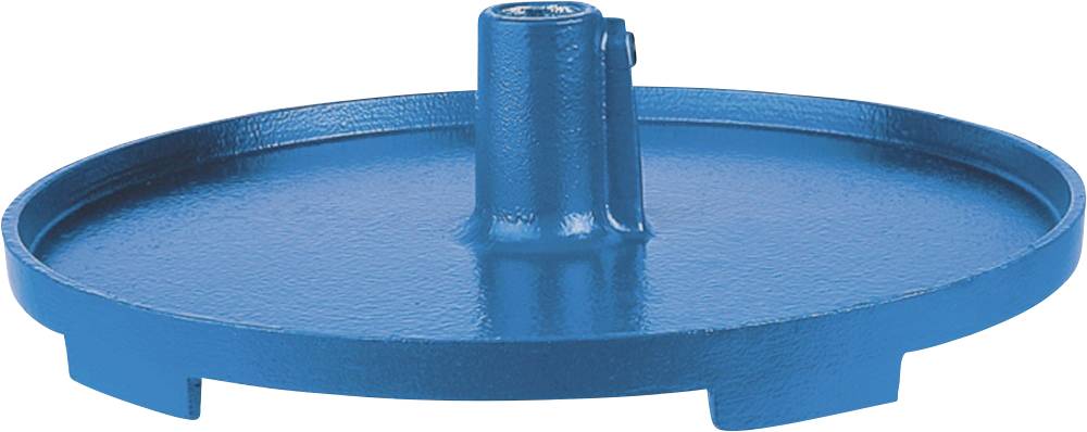 Une plaque métallique bleue et ronde avec une partie centrale surélevée. Elle repose sur de petits supports uniformes.