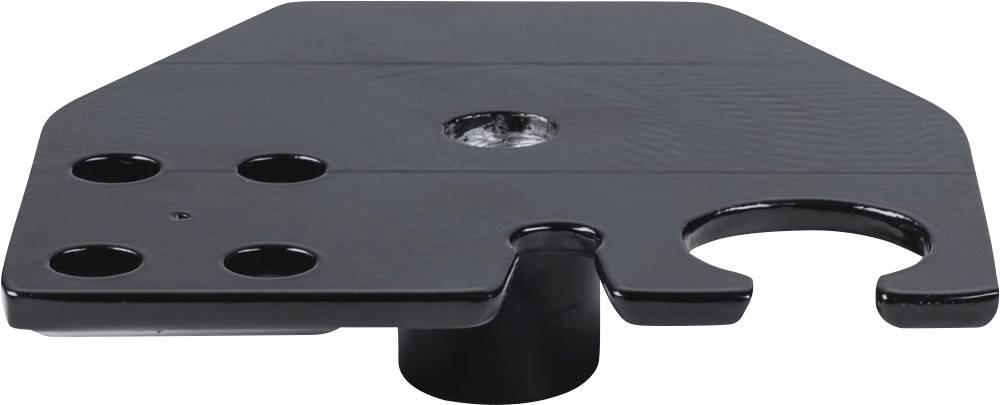 Tablette de table noir avec plusieurs découpes rondes pour boissons et accessoires, adaptée aux sièges de cinéma ou de théâtre.