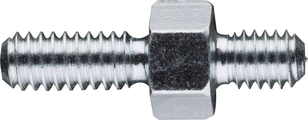 Une vis en argent à double filetage avec un écrou hexagonal au milieu, servant d'élément de jonction.