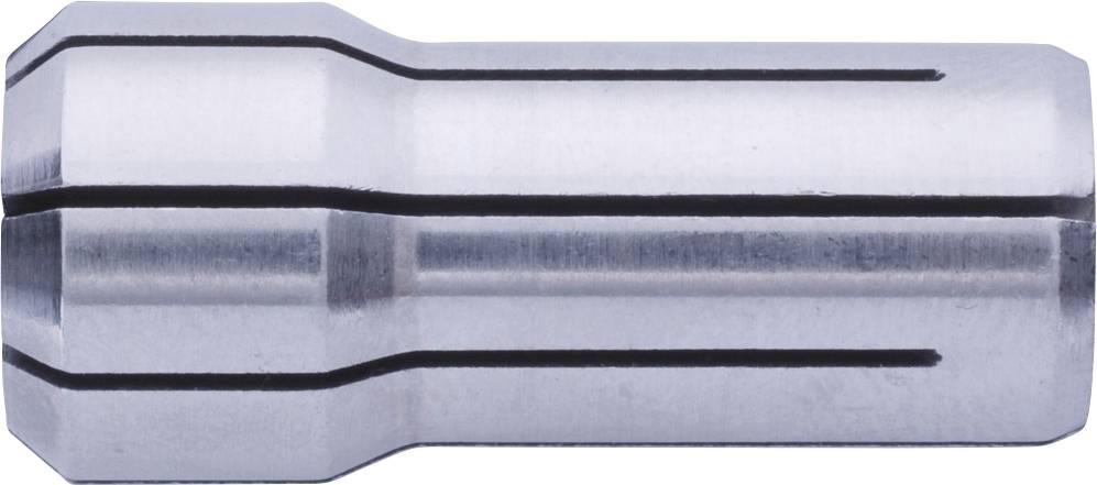 Une pince de serrage en argent métallique, de forme cylindrique avec plusieurs fentes longitudinales le long de la surface pour un serrage précis.