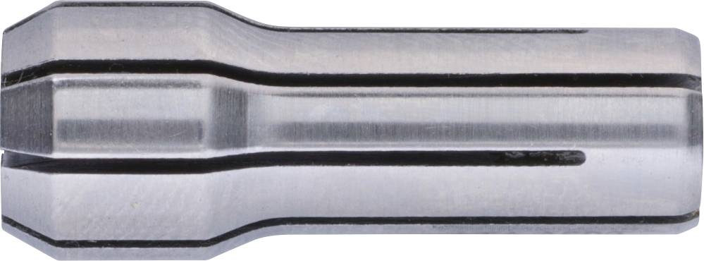 Embout métallique, probablement une pièce d'outillage, avec une surface brillante, striée et présentant une ouverture en forme de fente.