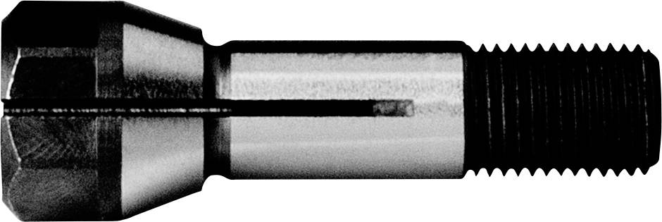 Un mandrin à serrage en argent avec filetage et rainure, utilisé pour la fixation de pièces dans un porte-outil.