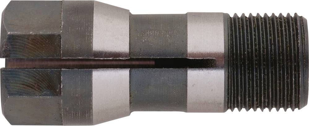 Une pièce cylindrique en métal avec un filetage sur un côté et quatre rainures longitudinales sur l'autre. Probablement un mandrin de serrage.